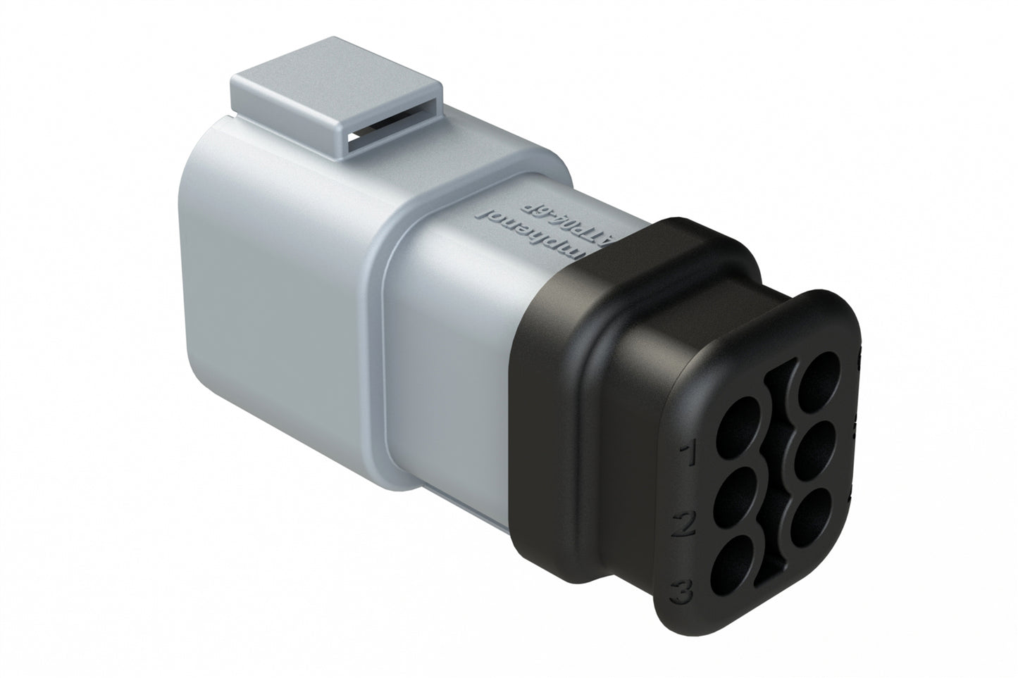 ATP04-6P-SR01 6 Position Receptacle, Pin, SR01 Strain Relief (Standard Seal), End Cap, Grey Body