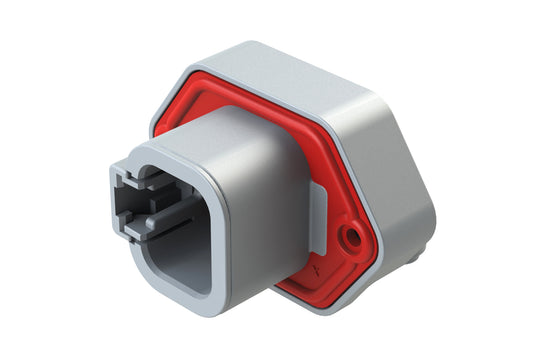 ATP13-4P-BM03GRY 4 Position 90° PCB Flange Mount Receptacle, molded tin Pins, Grey. DTP13-4P-E028