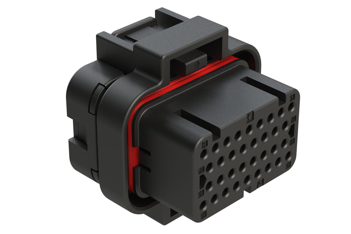 ATS06-34SA2 34 Position Plug, Socket, Contact Size 20, Double Latch, Keyed A, End Cap, Black. 2-1437285-3