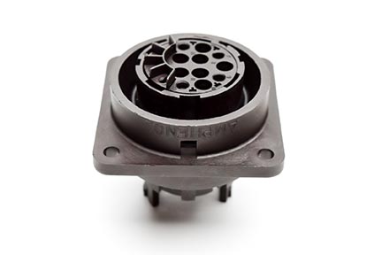 C016 10F014 002 1 14+PE Female cable connector with strain relief and clamping ring. For use with crimp contacts (sold separately).