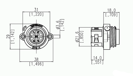 C016 20C003 200 12 3+PE Male receptacle with field installable screw termination. Mounting hole Ø22 without chamfer; suitable sealing for screws is necessary. Crimp contacts sold separately. Available in gold or silver plating.