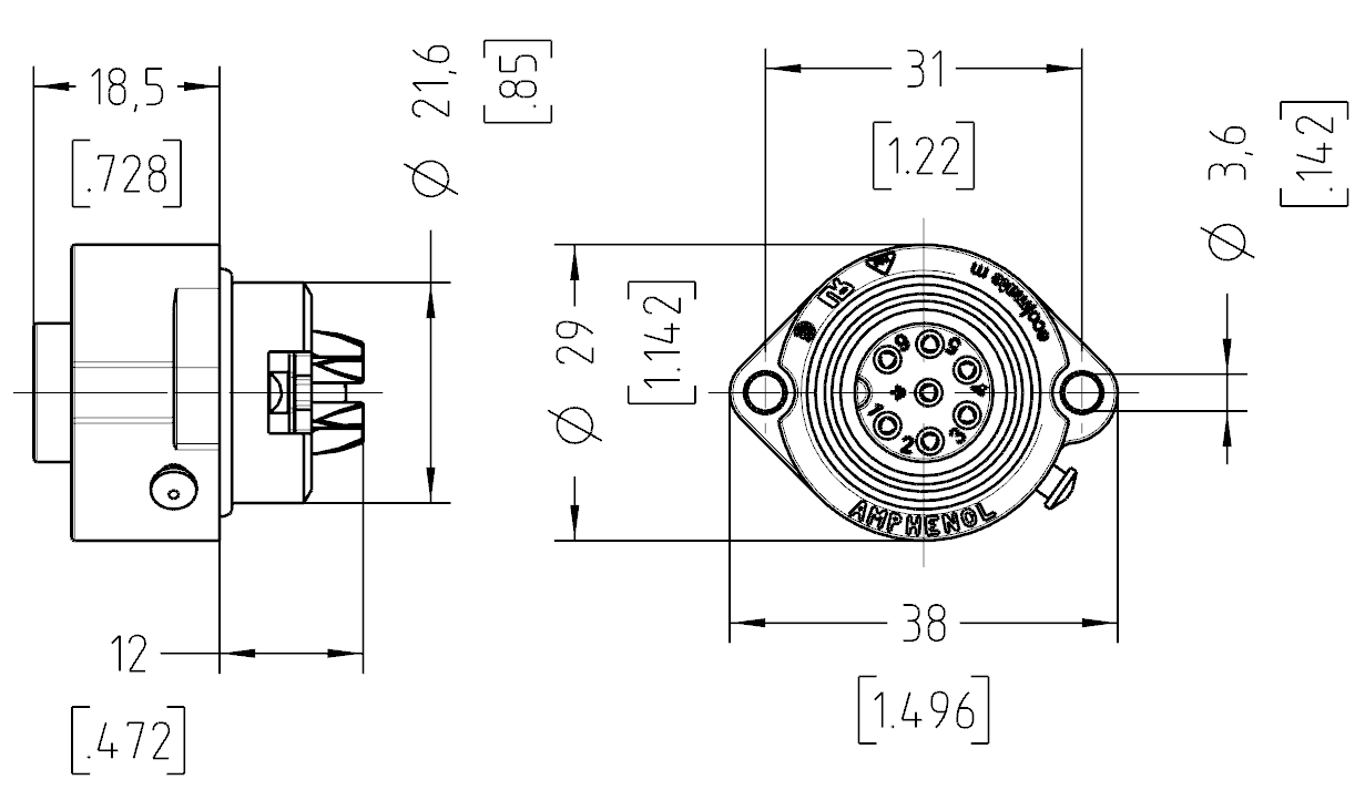 C016 30G006 800 12 6+ PE Female receptacle, solder with turned contacts, black
