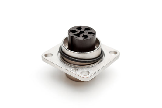 C091 11S005 000 2 Flange mount male metal Connectors with O-ring seal and ring nut (hex nut available upon request). Complete EMI shielding in the fully mated and locked position (EMI security). Contacts sold separately.