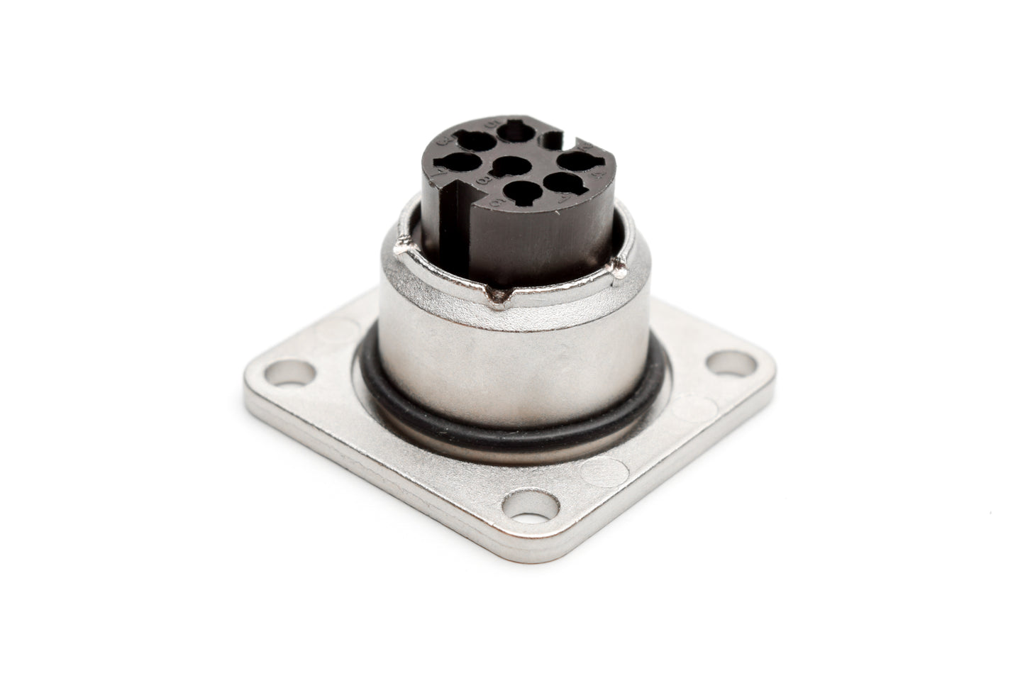 C091 11T008 000 2 Flange mount female metal Connectors with O-ring seal and ring nut (hex nut available upon request). Complete EMI shielding in the fully mated and locked position (EMI security)