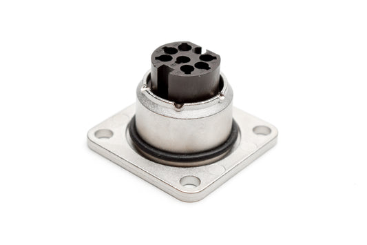 C091 11T008 000 2 Flange mount female metal Connectors with O-ring seal and ring nut (hex nut available upon request). Complete EMI shielding in the fully mated and locked position (EMI security)