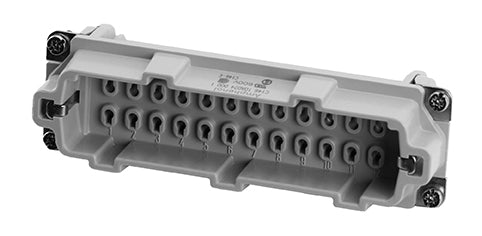 C146 10A024 000 1 24+PE Heavy duty male contact insert for stamped crimp contacts. May be engaged or disengaged when live but without electrical load.