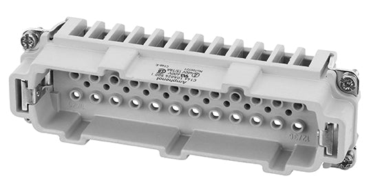 C146 10A024 500 1 24+PE Heavy duty male contact insert for turned crimp contacts. May be engaged or disengaged when live but without electrical load. Comparable Part No. 09330242602