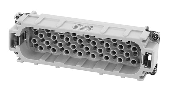 C146 10A064 500 2 64+PE Heavy duty male contact insert for turned crimp contacts. May be engaged or disengaged when live but without electrical load. Comparable Part No. 09210643001