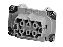 C146 10B006 000 1 6+PE Heavy duty female contact insert for stamped crimp contacts.