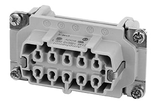 C146 10B010 000 1 10 + PE Heavy duty female contact insert for stamped crimp contacts. May be engaged or disengaged when live but without electrical load.