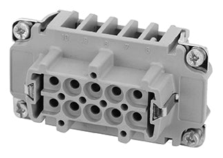 C146 10B010 500 1 10+PE Heavy duty female contact insert for turned crimp contacts. May be engaged or disengaged when live but without electrical load. Comparable Part No. 09330102702