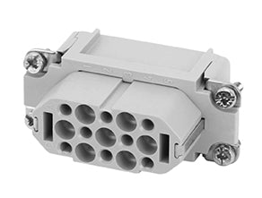 C146 10B015 000 2 15+PE Heavy duty female contact insert for stamped crimp contacts. May be engaged or disengaged when live but without electrical load.