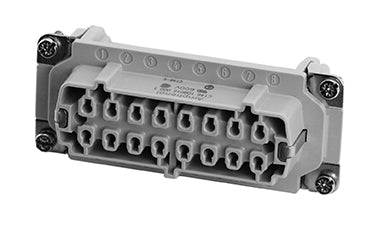 C146 10B016 000 1 16+PE Heavy duty female contact insert for stamped crimp contacts. May be engaged or disengaged when live but without electrical load.