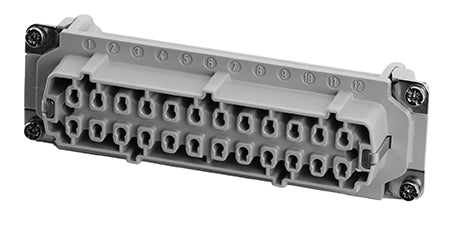 C146 10B024 000 1 24+PE Heavy duty female contact insert for stamped crimp contacts. May be engaged or disengaged when live but without electrical load.