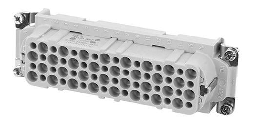 C146 10B064 500 2 64+PE Heavy duty female contact insert for turned crimp contacts. May be engaged or disengaged when live but without electrical load. Comparable Part No. 09210643101