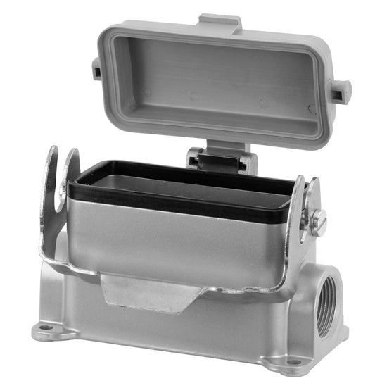 C146 10F016 606 1 Double side entry housing with low profile and thermoplastic spring cover.