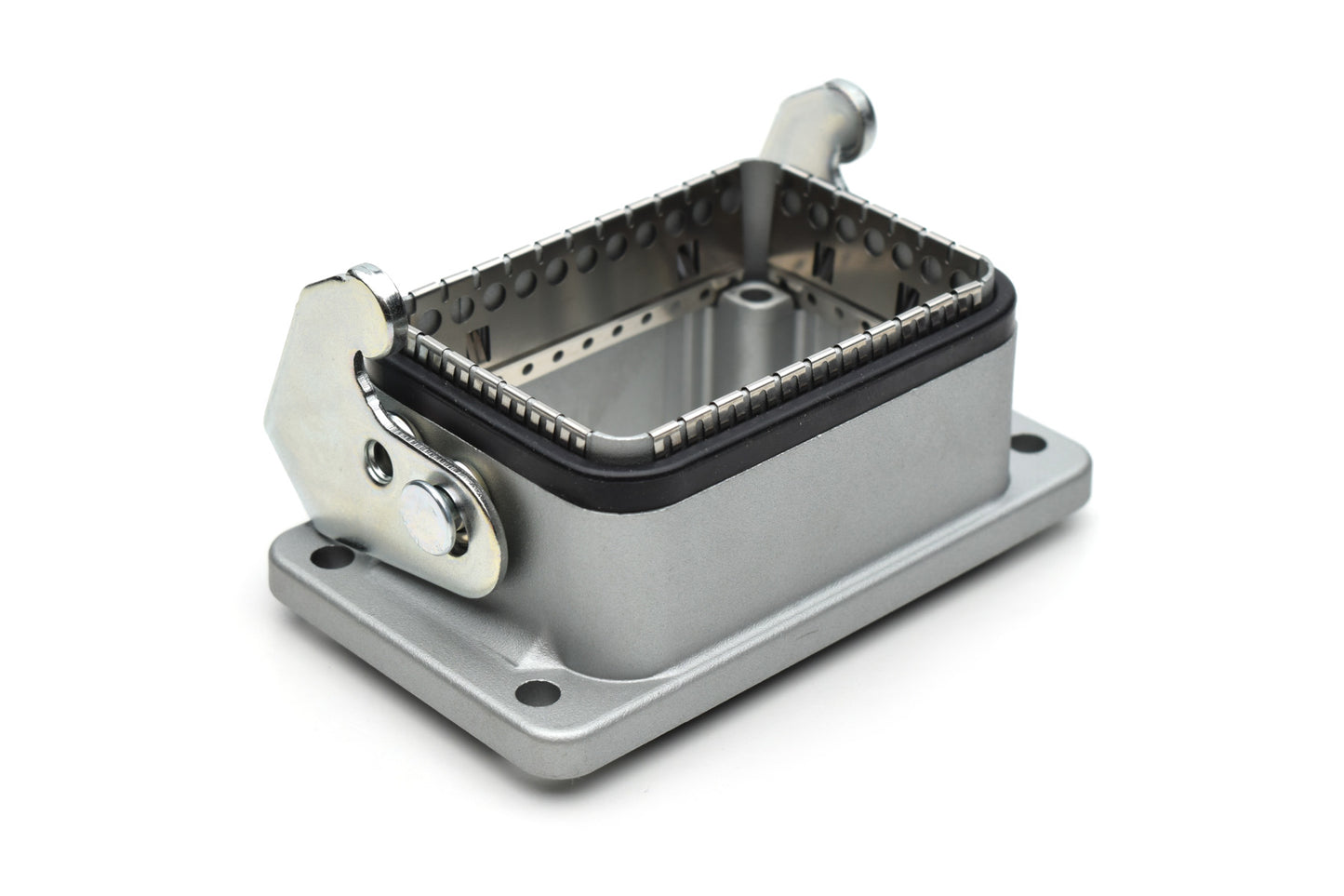 C146 11F006 001 8 Version C housing with bulkhead mounting. Centering flange with ground strap. Conductive surface with standard locking levers. High attenuation. Same dimensions as standard housings.