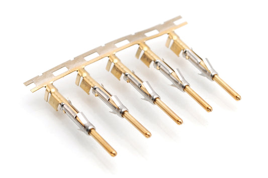SP14M2G30 Pin Contact, Stamped, Size 16, Gold 30µ" over Nickel, Wire Range 2.0-2.5mm², 16-14 AWG, with 3 tangs. Reel of 3,000.