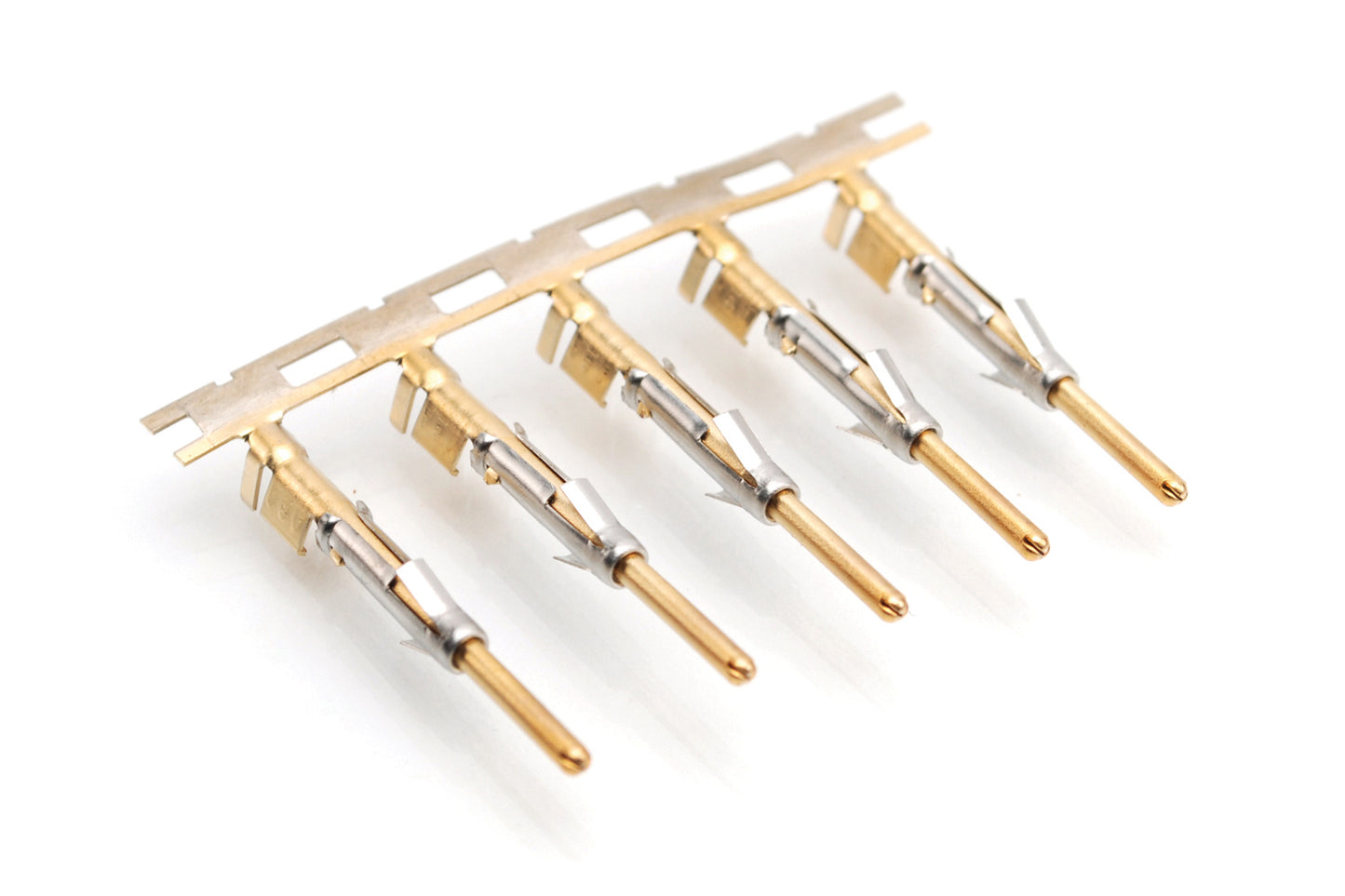SP14M2G5 Pin Contact, Stamped, Size 16, Gold 5µ" over Nickel, Wire Range 2.0-2.5mm², 16-14 AWG, with 3 Tangs. Reel of 3,000.