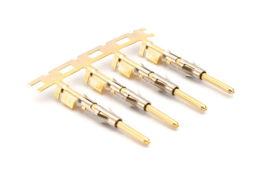 SP20M2G5 Pin Contact, Stamped, Size 16, Gold 5µ" over Nickel, Wire Range .34-.50mm², 22-20 AWG, with 3 Tangs. Reel of 3,000.