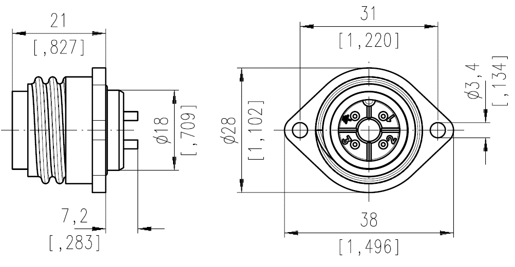 T 3110 100 3+ PE male receptacle, sold with turned contacts