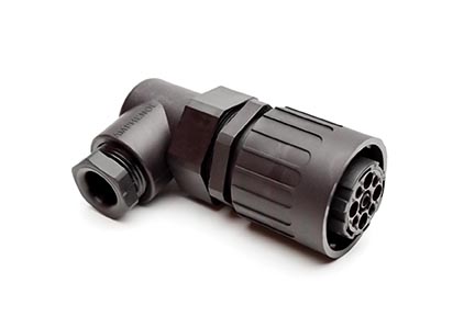 C016 10F008 002 1 8+PE Female cable connector with strain relief and clamping ring. For use with crimp contacts (sold separately).