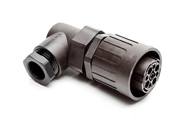 C016 10F008 003 1 8+PE Female cable connector with strain relief and clamping ring. For use with crimp contacts (sold separately).