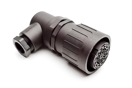 C016 10F019 004 2 19+PE Female cable connector with strain relief and clamping ring. For use with crimp contacts (sold separately).