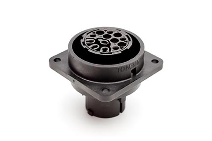 C016 10G012 000 2 12+PE Female receptacle with mounted gasket. Mounting hole Ø43.2. Suitable sealing for fixing screws must be provided. For use with crimp contacts (sold separately).