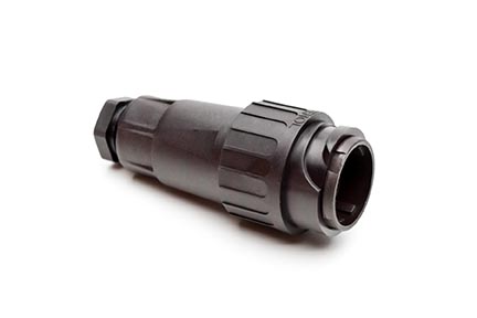 C016 10H003 002 1 3+PE Male cable connector with strain relief and clamping ring. For use with crimp contacts (sold separately).