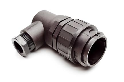 C016 10K019 004 2 19+PE Male cable connector with strain relief and clamping ring. For use with crimp contacts (sold separately).