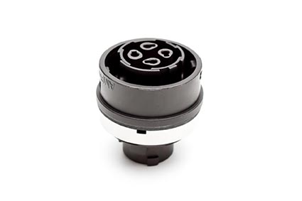 C016 10N003 006 1 3+PE Female receptacle with mounted gasket. Mounting hole Ø26.2. Suitable sealing for screws must be provided. For use with crimp contacts (sold separately).
